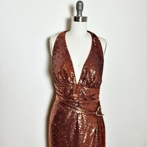 NWT Halston Copper Sequin Halter V Gown Dress Heart Buckle Sleeveless Size 14
